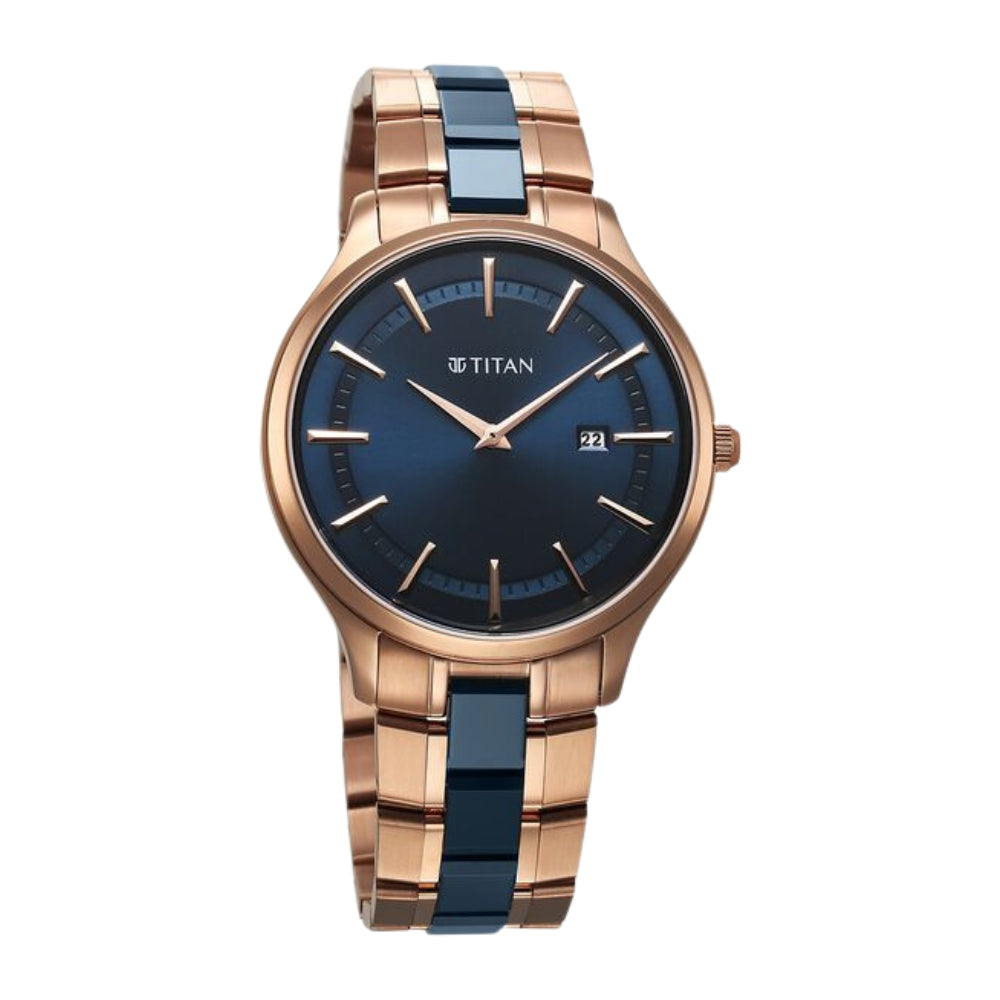 Titan Slim Ceramic Fusion Quartz Analog with Date Blue Dial Stainless Steel Strap Watch For Men 90142KD03