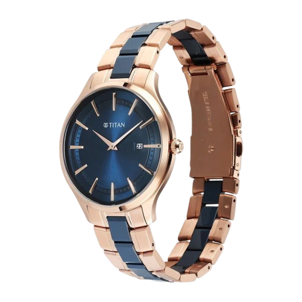 Titan Slim Ceramic Fusion Quartz Analog with Date Blue Dial Stainless Steel Strap Watch For Men 90142KD03