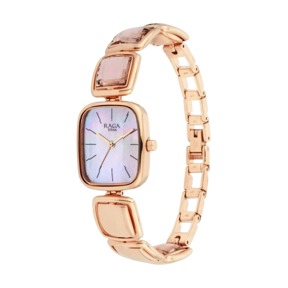 Titan Raga Moments of Joy Mother of Pearl Dial Analog Rose Gold Metal Strap watch for Women 95136WM01