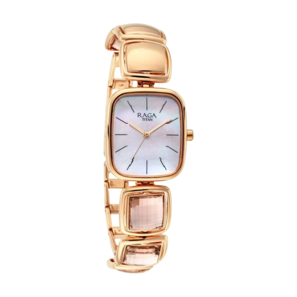 Titan Raga Moments of Joy Mother of Pearl Dial Analog Rose Gold Metal Strap watch for Women 95136WM01