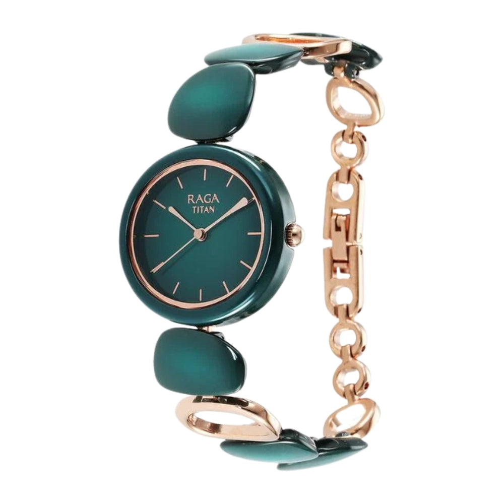 Titan Raga Ceramics Green Dial Analog Metal Strap Watch for Women 95146KD02