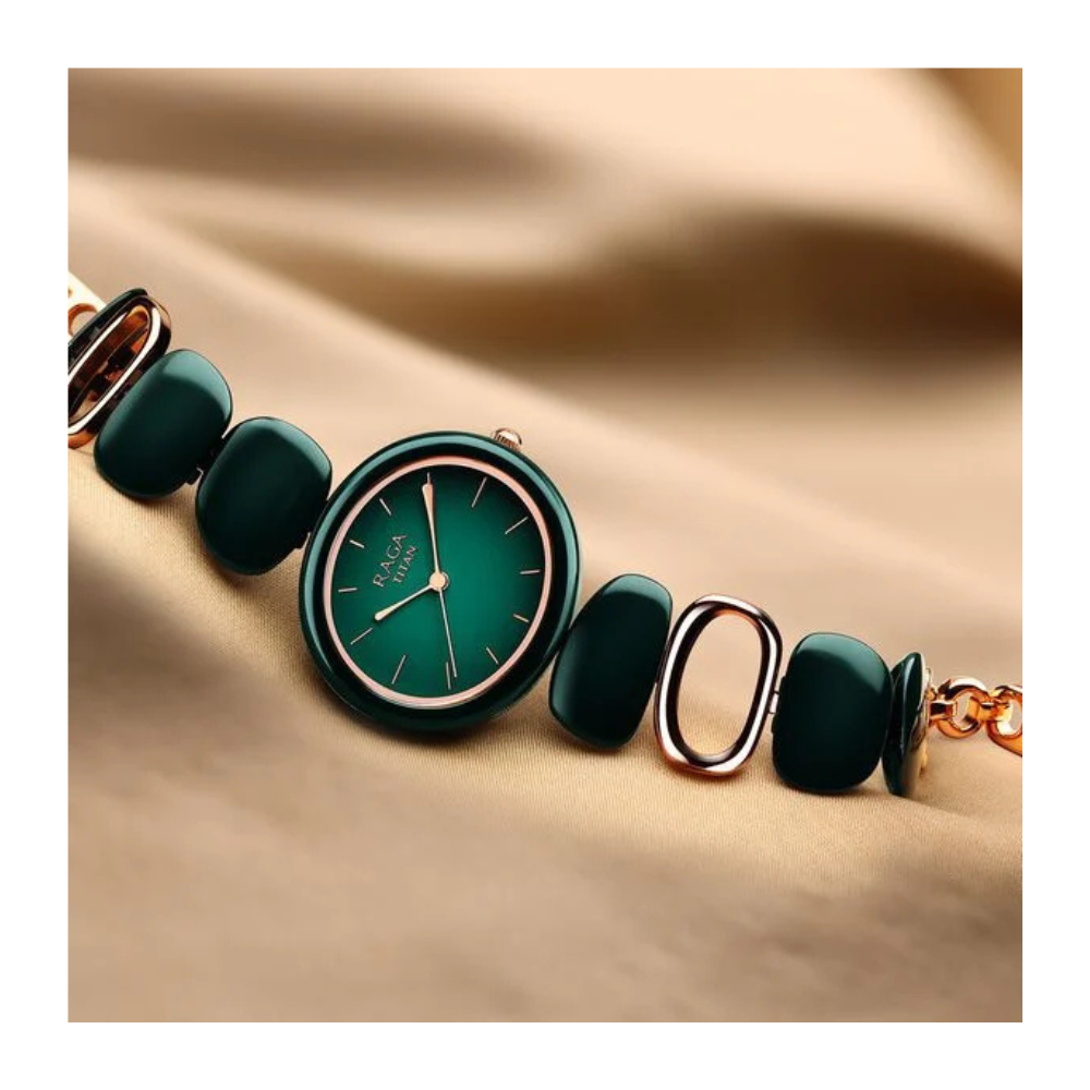 Titan Raga Ceramics Green Dial Analog Metal Strap Watch for Women 95146KD02