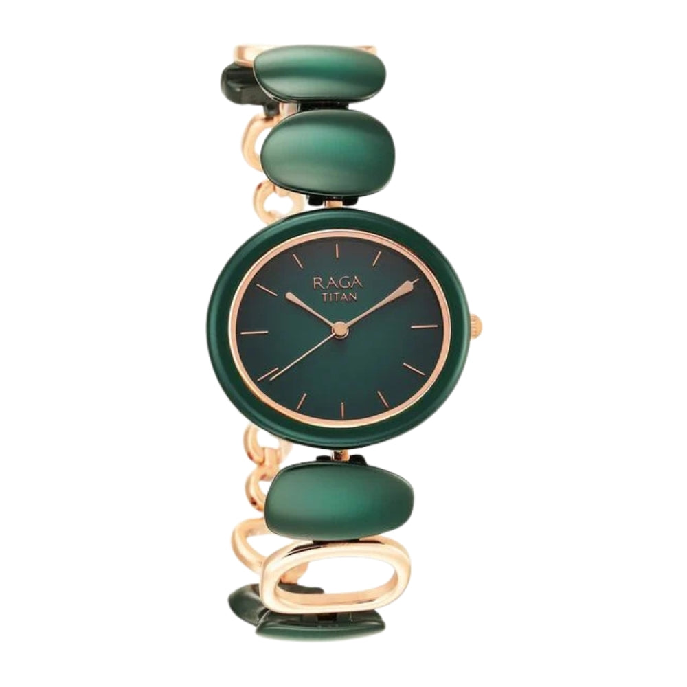 Titan Raga Ceramics Green Dial Analog Metal Strap Watch for Women 95146KD02