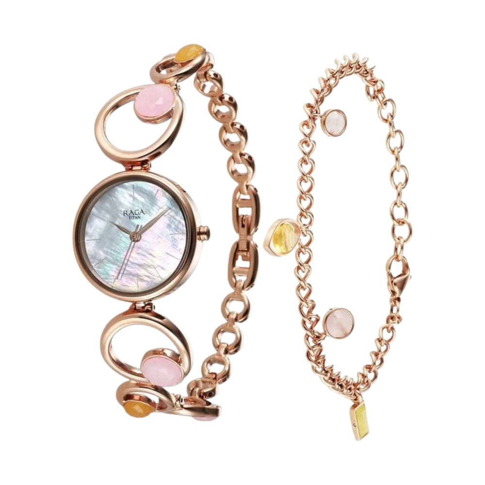 Titan Raga New You Quartz Analog Mother Of Pearl Citrine and Rose Quartz stones Strap for Women 95194WM01F