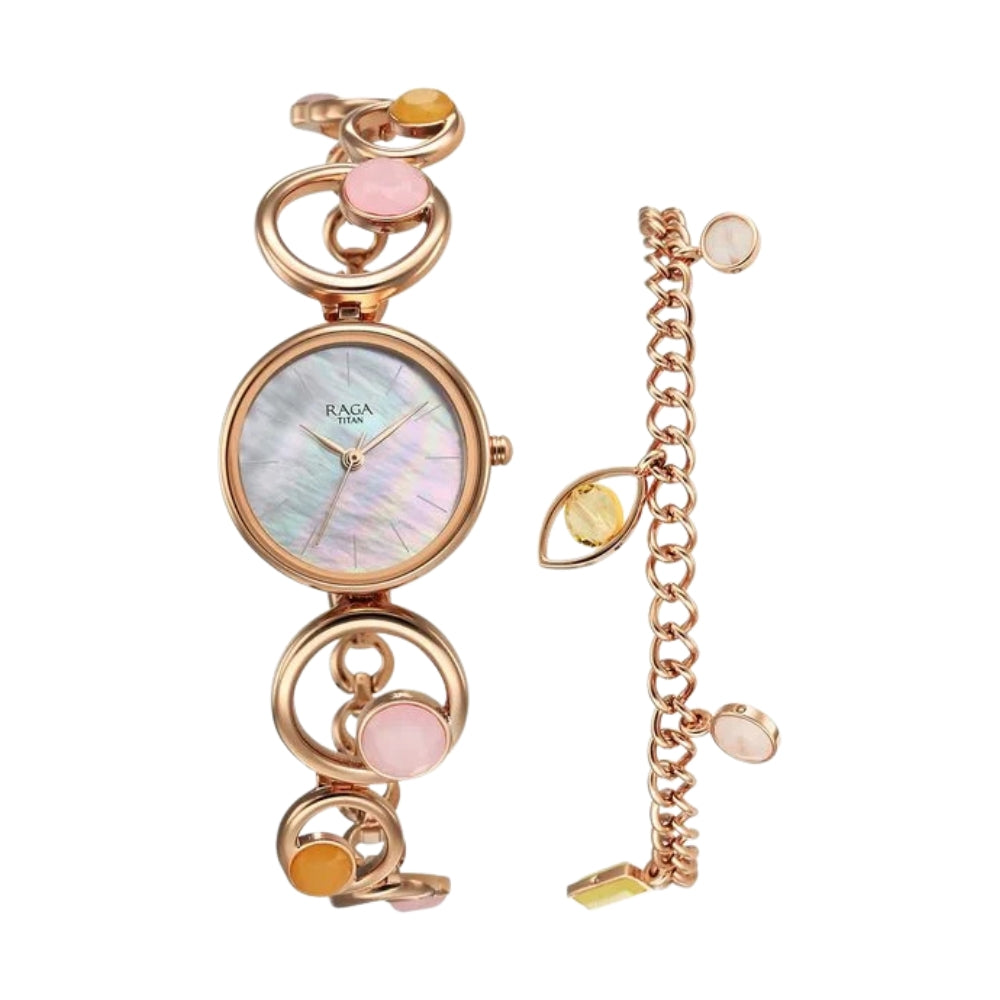 Titan Raga New You Quartz Analog Mother Of Pearl Citrine and Rose Quartz stones Strap for Women 95194WM01F