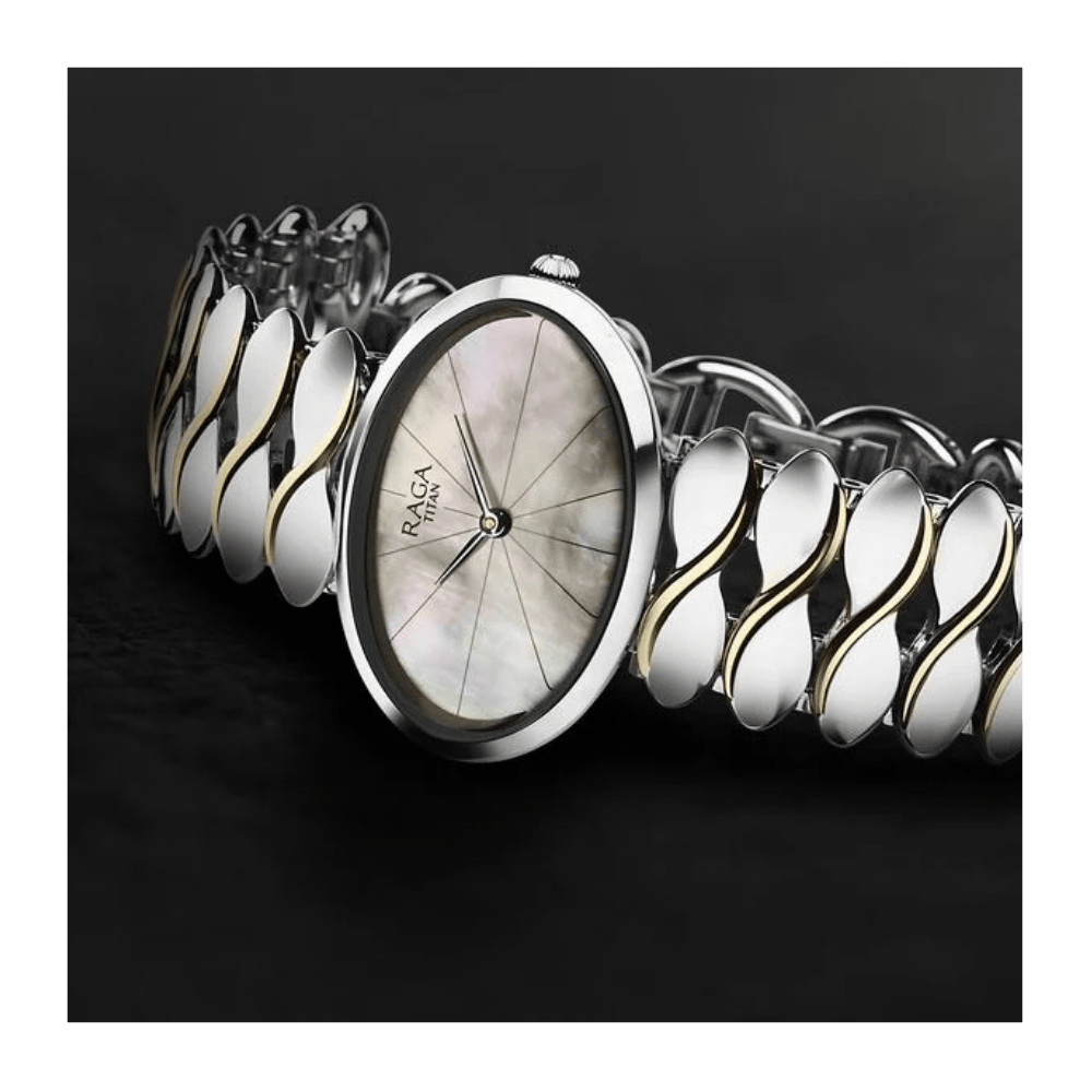 Titan Raga Silver Quartz Analog Mother Of Pearl Dial Sterling Silver Metal Strap And Case Watch For Women 95219VM01