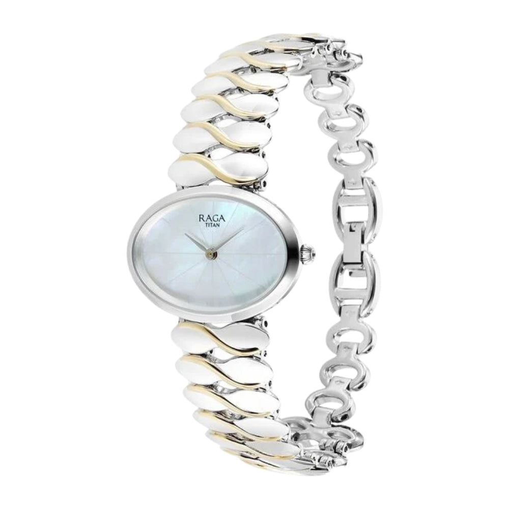 Titan Raga Silver Quartz Analog Mother Of Pearl Dial Sterling Silver Metal Strap And Case Watch For Women 95219VM01