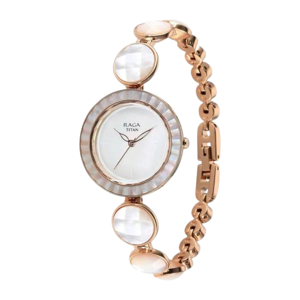 Titan Raga Power Pearls Quartz Analog Mother Of Pearl Dial faceted MOP Strap Watch for Women 95250WM01F