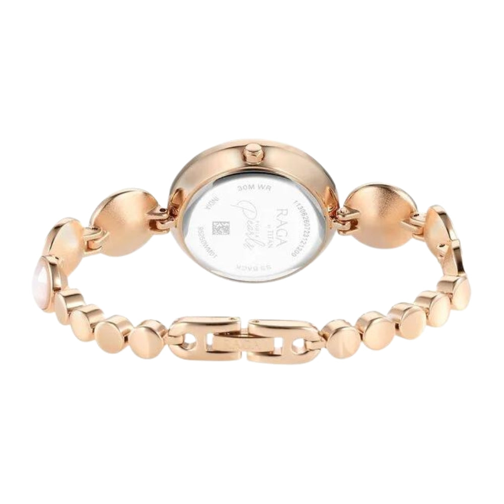 Titan Raga Power Pearls Quartz Analog Mother Of Pearl Dial faceted MOP Strap Watch for Women 95250WM01F