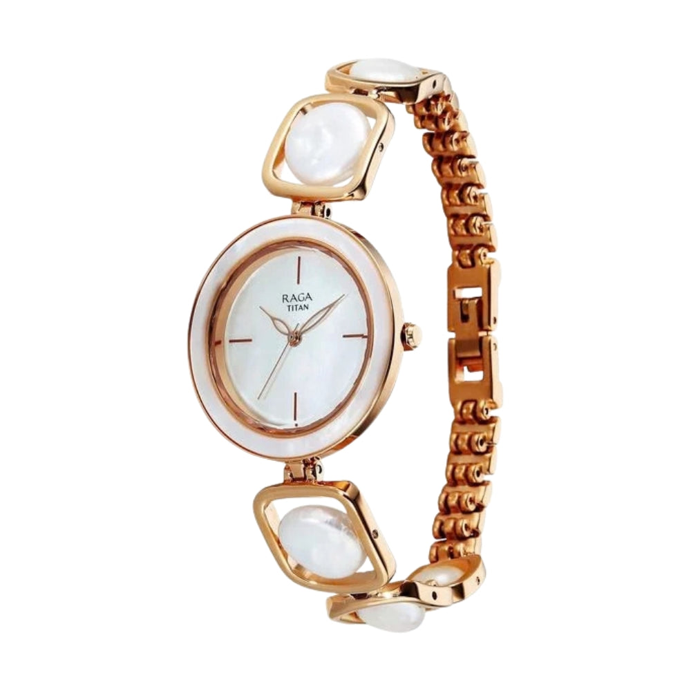 Titan Raga Power Pearls Quartz Analog Mother of Pearl Dial Rose Gold Metal Strap Watch For Women 95250WM02F