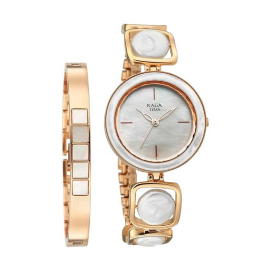Titan Raga Power Pearls Quartz Analog Mother of Pearl Dial Rose Gold Metal Strap Watch For Women 95250WM02F