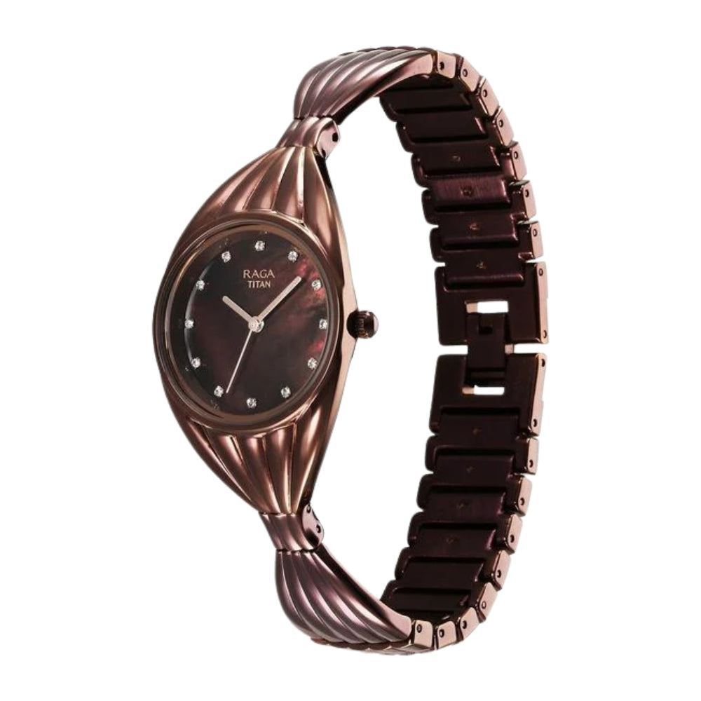 Titan Raga Memoirs Quartz Analog Mother Of Pearl Dial With Brown Metal Strap Watch For Women 95254QM01F