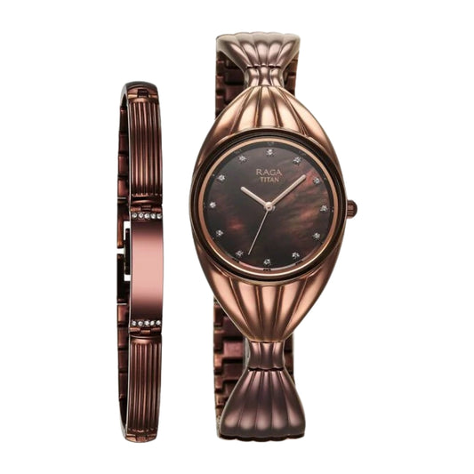 Titan Raga Memoirs Quartz Analog Mother Of Pearl Dial With Brown Metal Strap Watch For Women 95254QM01F