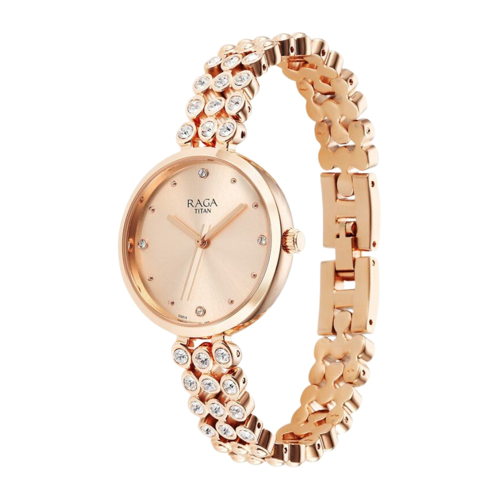 Titan Raga Showstopper Quartz Analog Rose Gold Dial Metal Strap Watch for Women 95262WM01