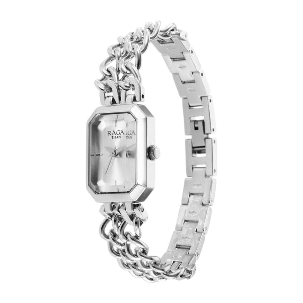 Titan Raga Showstopper Quartz Analog Silver Dial Silver Metal Strap Rectangular Shaped Watch For Women 95283SM01