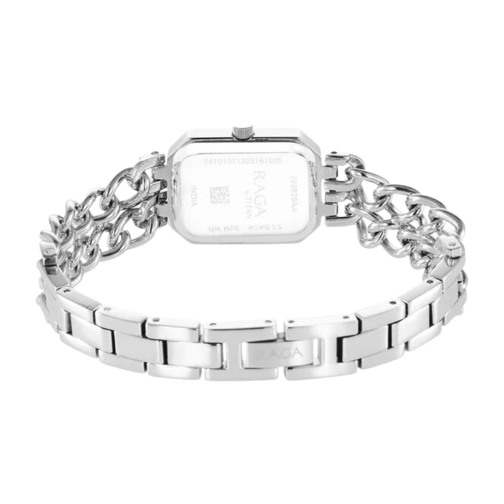 Titan Raga Showstopper Quartz Analog Silver Dial Silver Metal Strap Rectangular Shaped Watch For Women 95283SM01