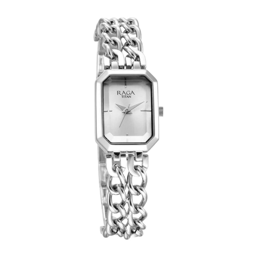 Titan Raga Showstopper Quartz Analog Silver Dial Silver Metal Strap Rectangular Shaped Watch For Women 95283SM01