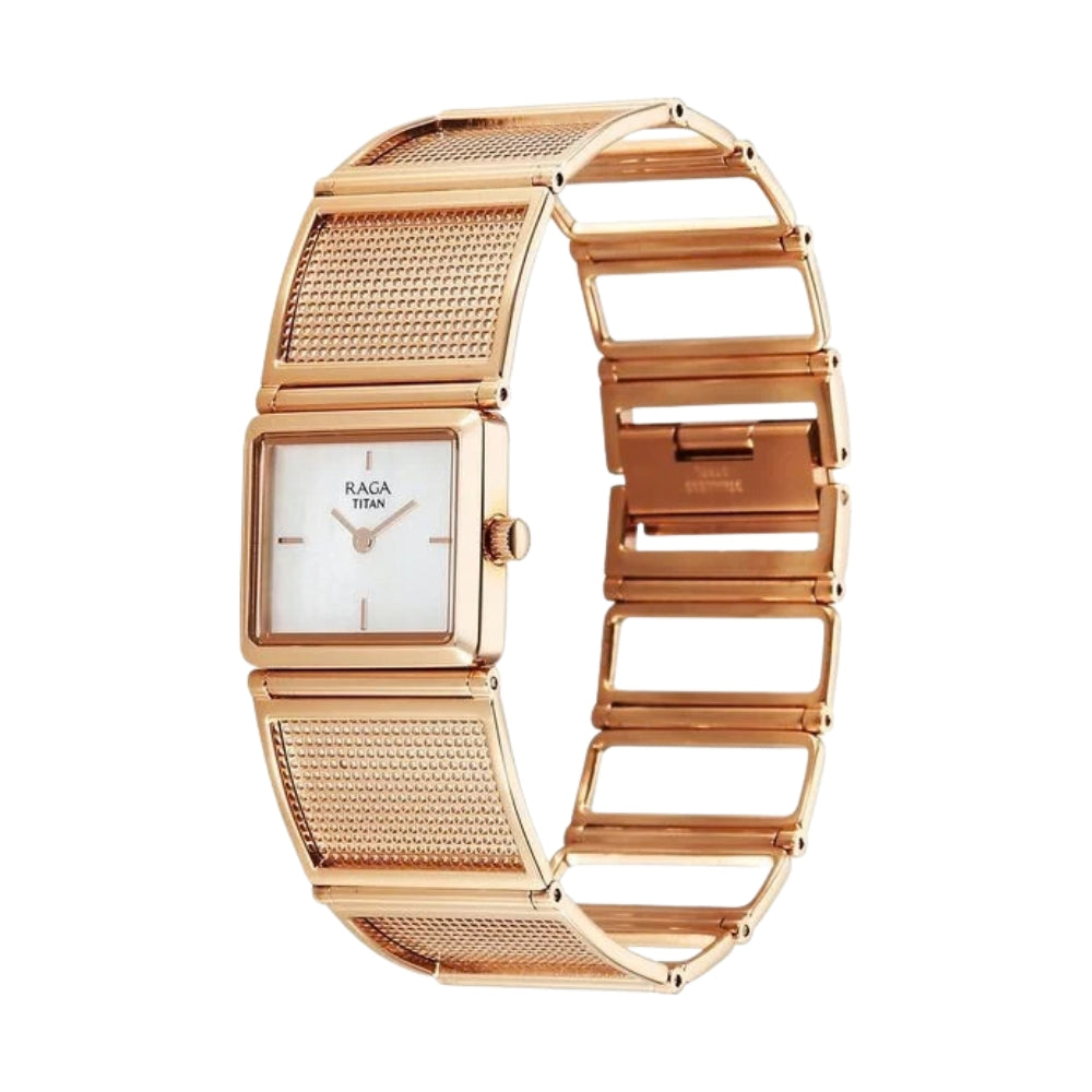Titan Raga Ethereal Quartz Analog White Mother Of Pearl Dial Rose Gold Stainless Steel Strap Watch For Women 95300WM01
