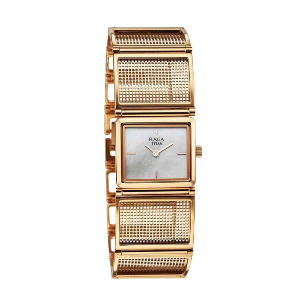 Titan Raga Ethereal Quartz Analog White Mother Of Pearl Dial Rose Gold Stainless Steel Strap Watch For Women 95300WM01