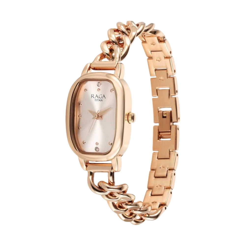 Titan Raga Showstopper Quartz Analog Rose Gold Dial Metal Strap Watch For Women 95309WM01