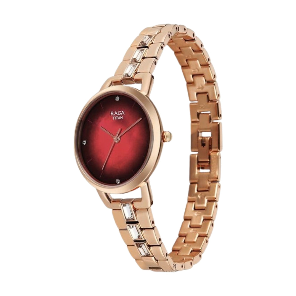 Titan Raga Glimmers Quartz Analog Red Mother of Pearl Dial Rose Gold Metal Strap Watch For Women 95327WM01F