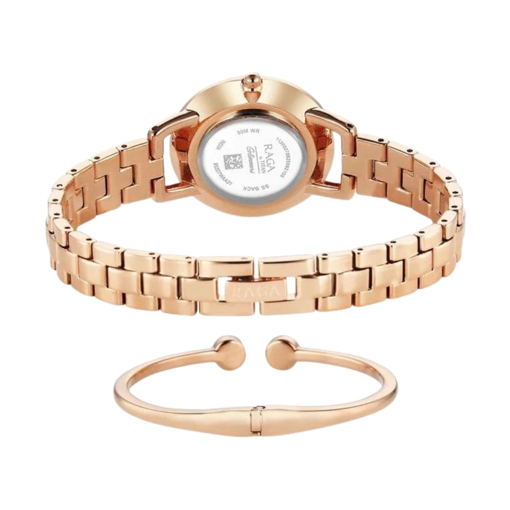 Titan Raga Glimmers Quartz Analog Red Mother of Pearl Dial Rose Gold Metal Strap Watch For Women 95327WM01F