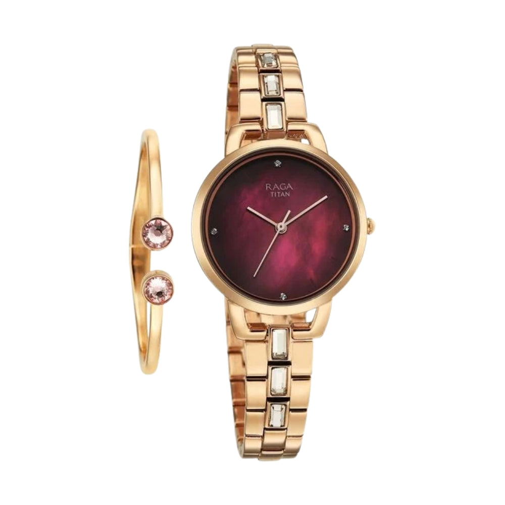Titan Raga Glimmers Quartz Analog Red Mother of Pearl Dial Rose Gold Metal Strap Watch For Women 95327WM01F