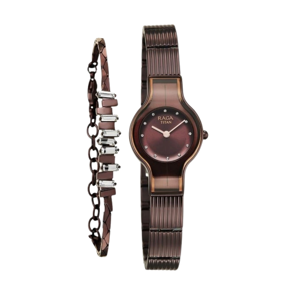Titan Raga Glimmers Quartz Analog Brown Dial Brown Metal Strap Watch For Women 95328QM01F