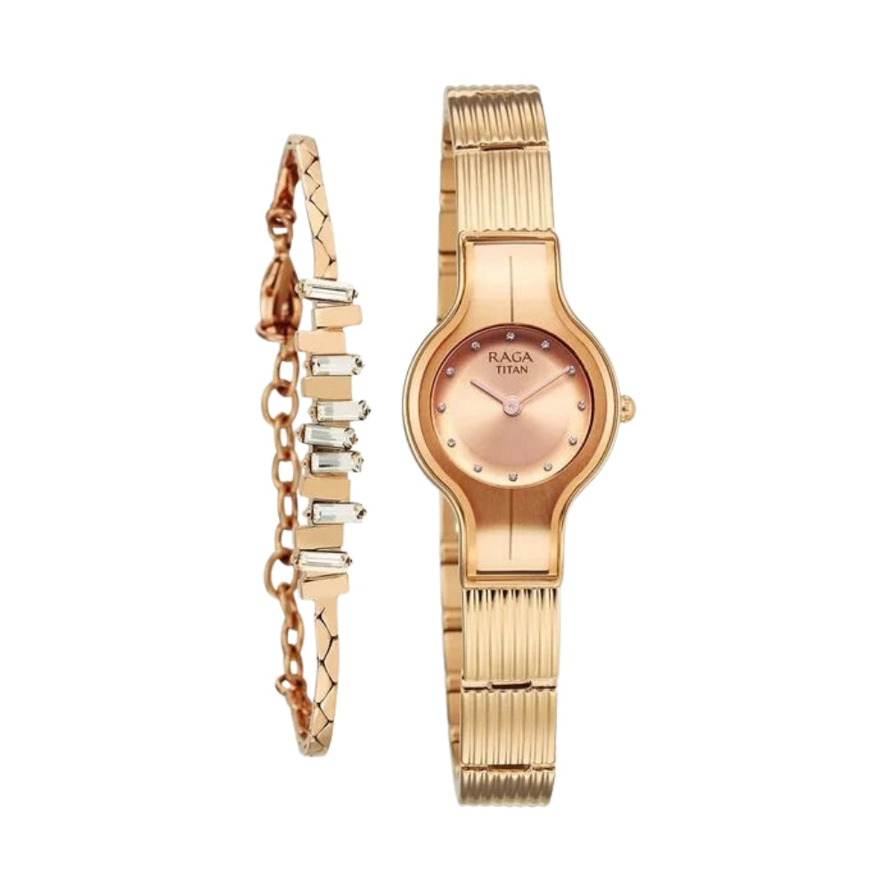 Titan Raga Glimmers Quartz Analog Rose Gold Dial Rose Gold Metal Strap Watch For Women 95328WM01F