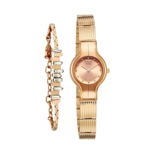 Titan Raga Glimmers Quartz Analog Rose Gold Dial Rose Gold Metal Strap Watch For Women 95328WM01F