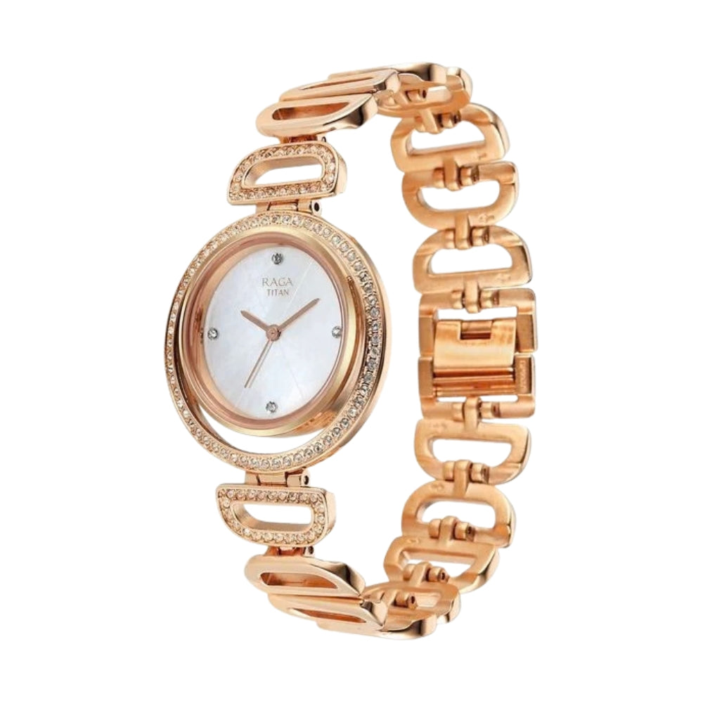 Titan Raga Glimmers Quartz Analog Mother of Pearl Dial Rose Gold Metal Strap Watch For Women 95329WM01F