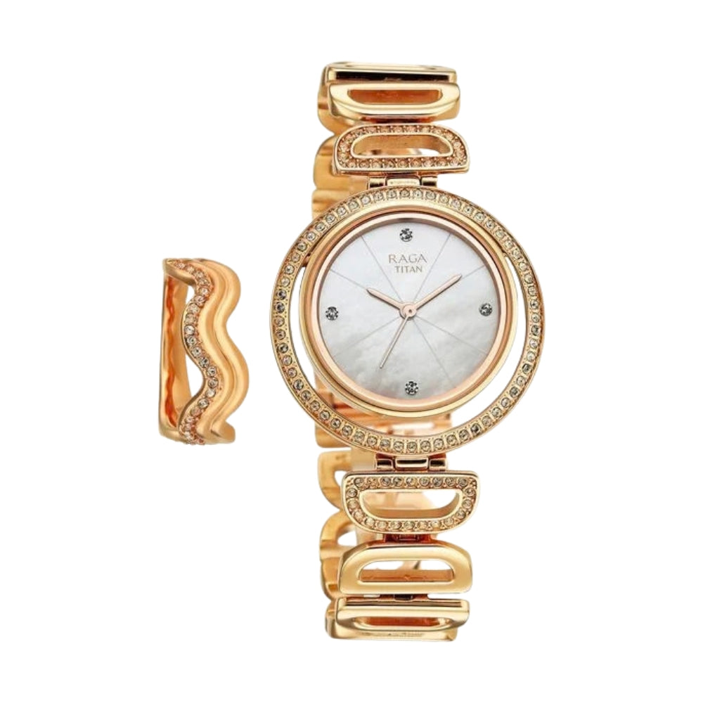 Titan Raga Glimmers Quartz Analog Mother of Pearl Dial Rose Gold Metal Strap Watch For Women 95329WM01F