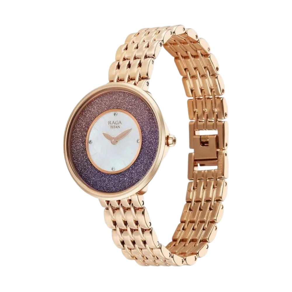 Titan Raga Glimmers Quartz Analog Mother of Pearl Dial Rose Gold Metal Strap Watch For Women 95336WM01F