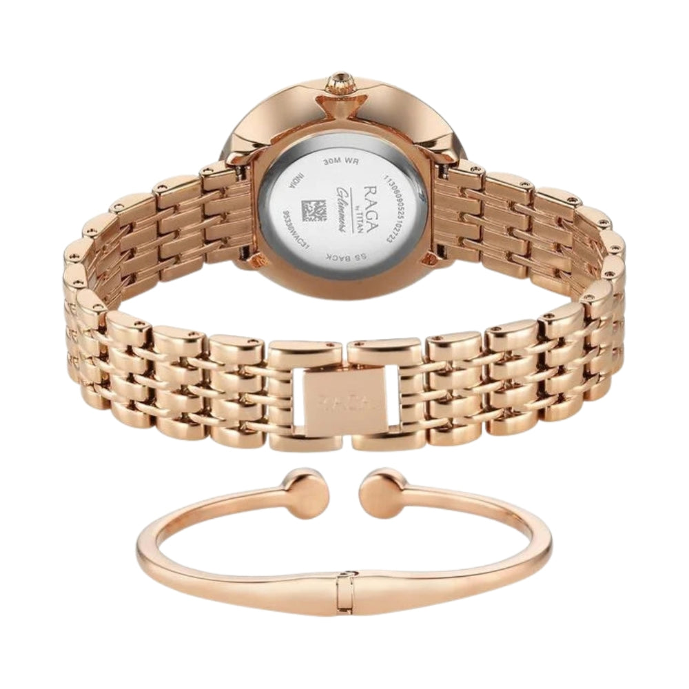 Titan Raga Glimmers Quartz Analog Mother of Pearl Dial Rose Gold Metal Strap Watch For Women 95336WM01F