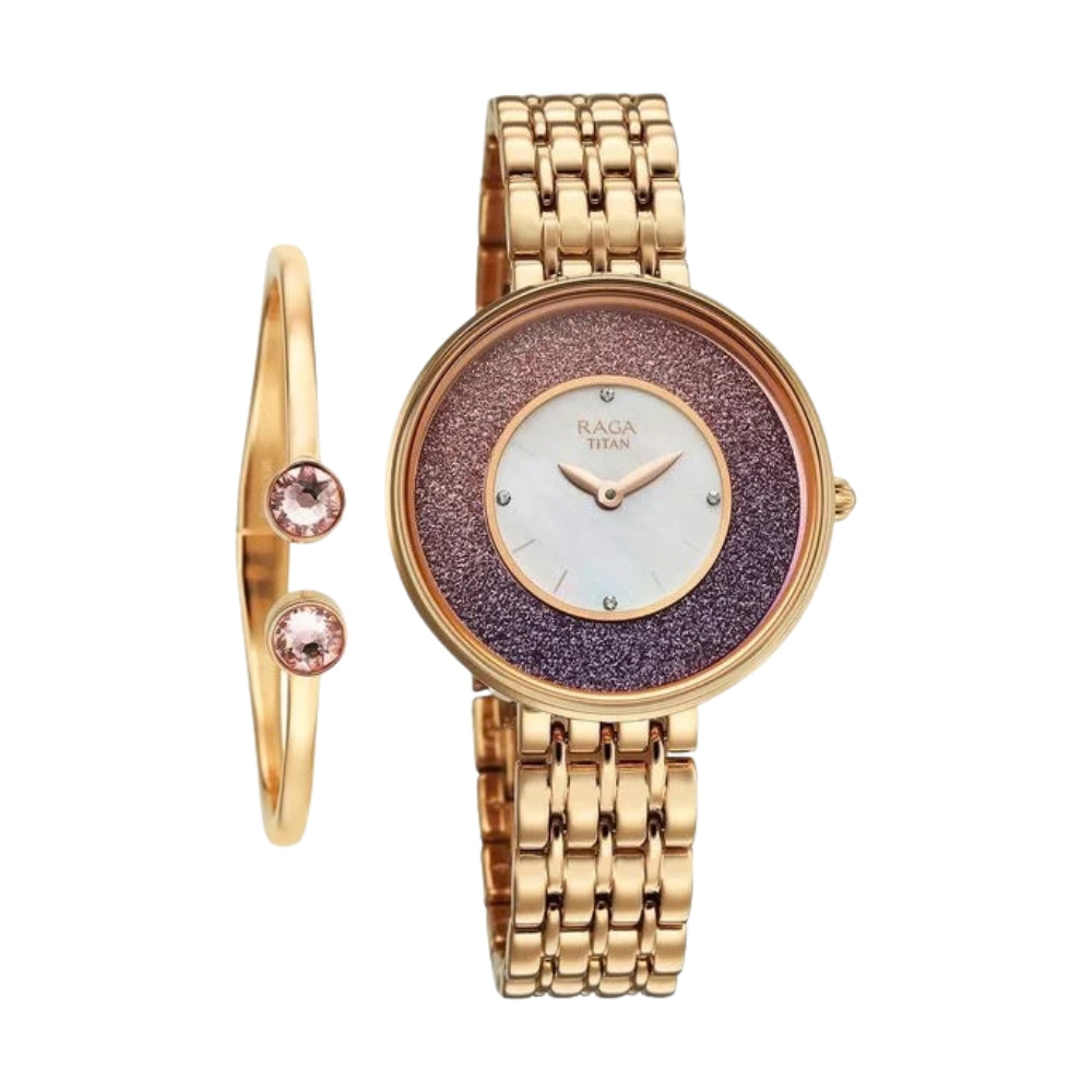 Titan Raga Glimmers Quartz Analog Mother of Pearl Dial Rose Gold Metal Strap Watch For Women 95336WM01F