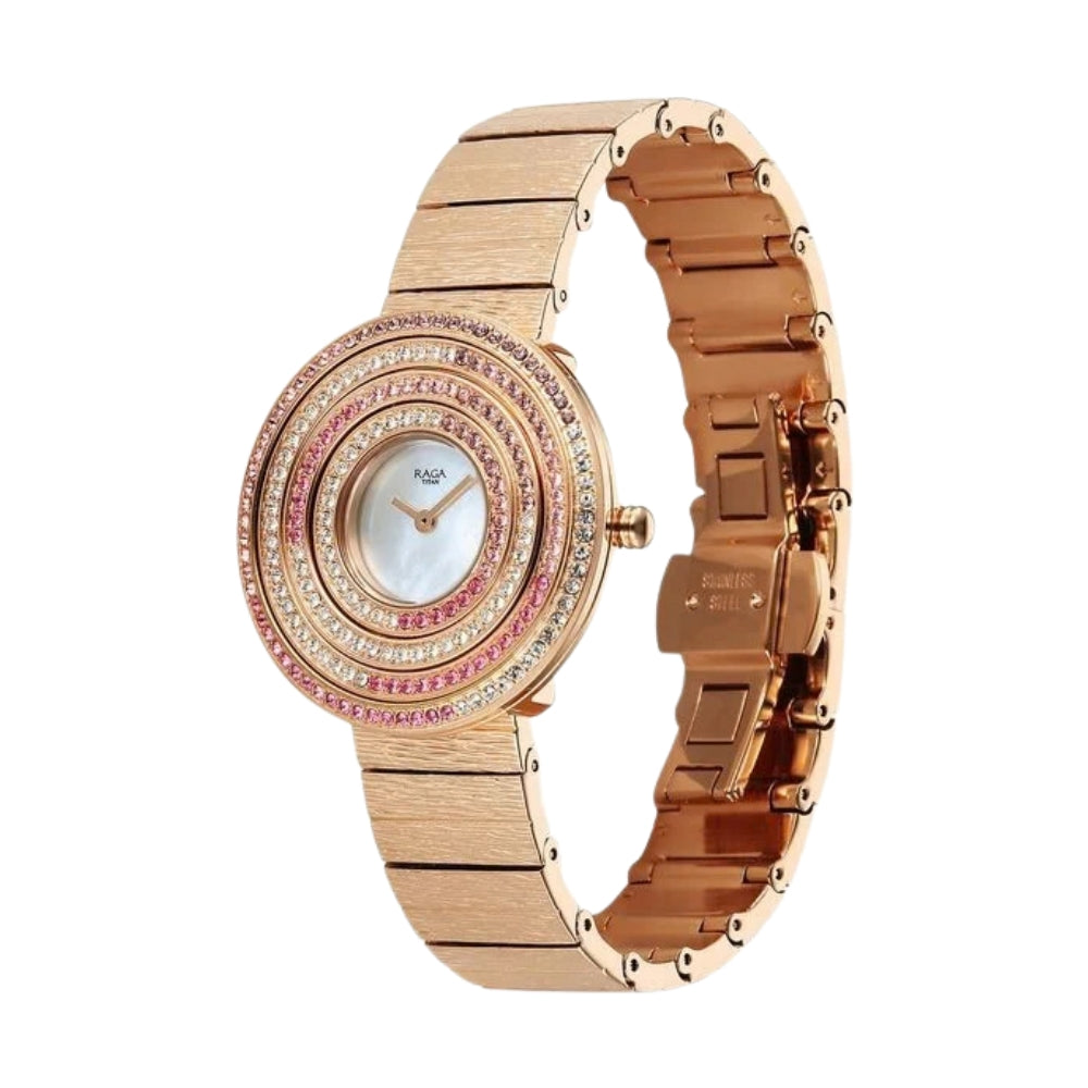 Titan Raga Glimmers Quartz Analog Mother of Pearl Dial Rose Gold Metal Strap Watch For Women 95344WM01F