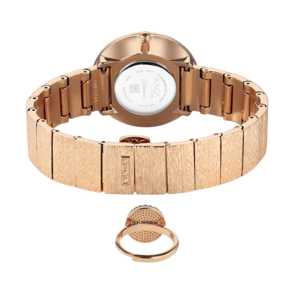 Titan Raga Glimmers Quartz Analog Mother of Pearl Dial Rose Gold Metal Strap Watch For Women 95344WM01F
