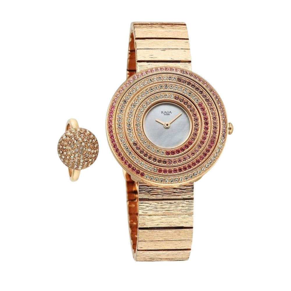 Titan Raga Glimmers Quartz Analog Mother of Pearl Dial Rose Gold Metal Strap Watch For Women 95344WM01F