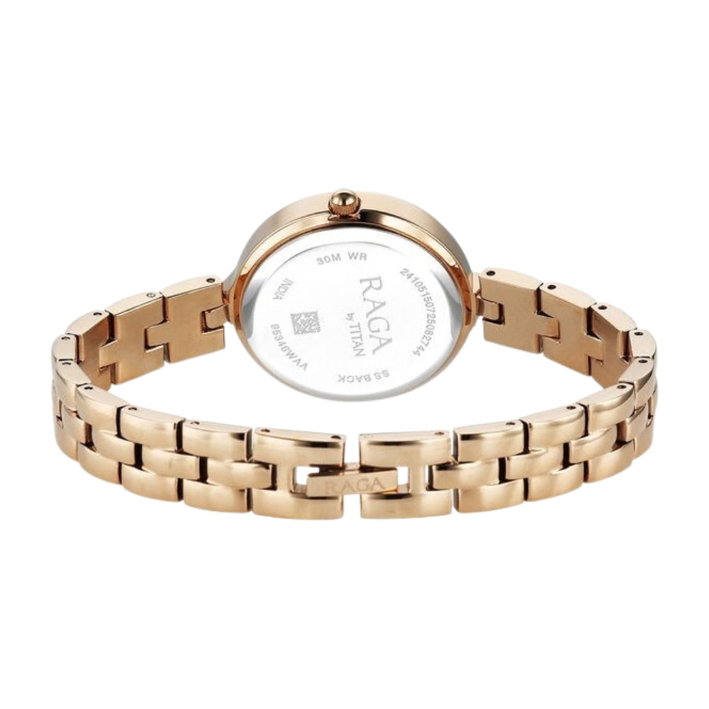 Titan Raga Showstopper Quartz Analog White Dial Rose Gold Metal Strap Watch For Women 95346WM01