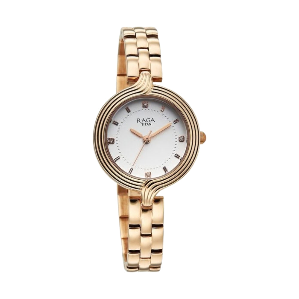 Titan Raga Showstopper Quartz Analog White Dial Rose Gold Metal Strap Watch For Women 95346WM01