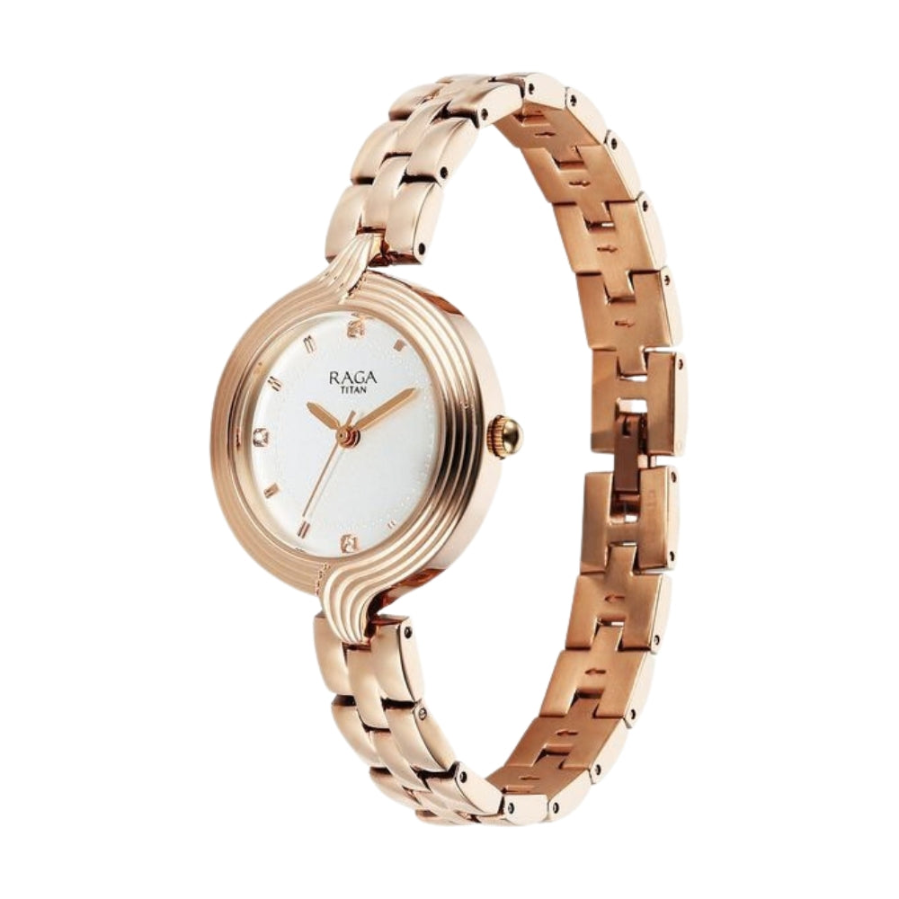 Titan Raga Showstopper Quartz Analog White Dial Rose Gold Metal Strap Watch For Women 95346WM01