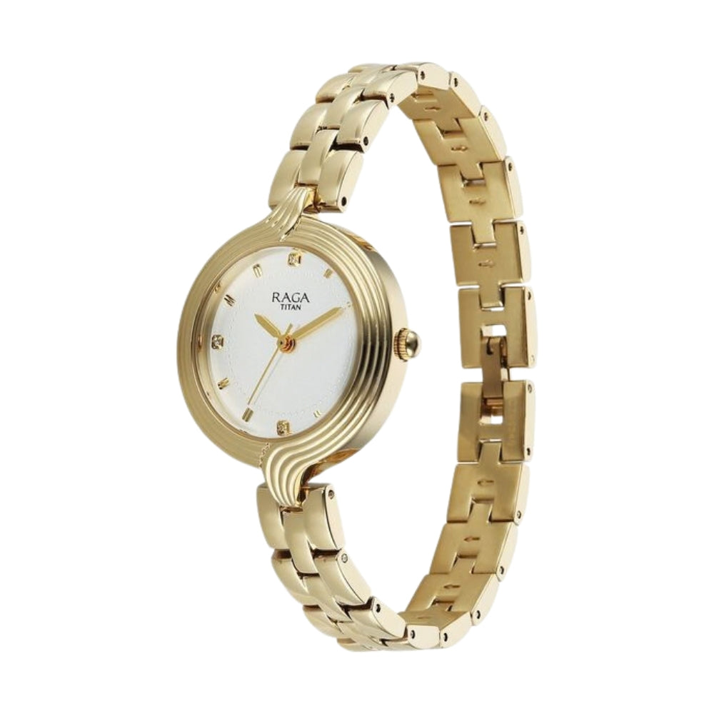 Titan Raga Showstopper Quartz Analog White Dial Rose Gold Metal Strap Watch For Women 95346YM01