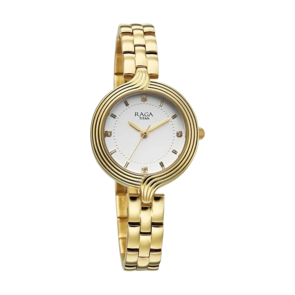 Titan Raga Showstopper Quartz Analog White Dial Rose Gold Metal Strap Watch For Women 95346YM01