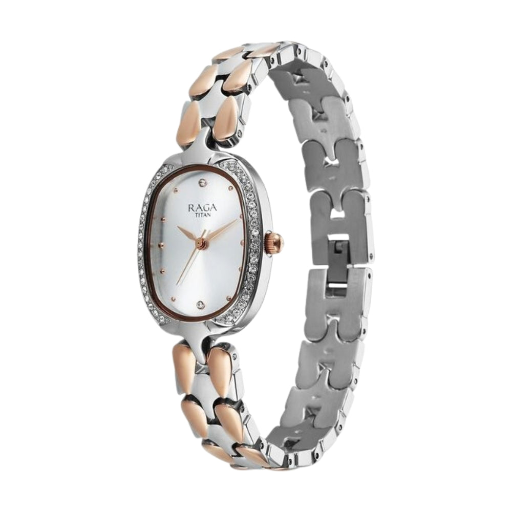 Titan Raga Showstopper Quartz Analog Silver Dial Two Toned Metal Strap Watch For Women 95347KM01