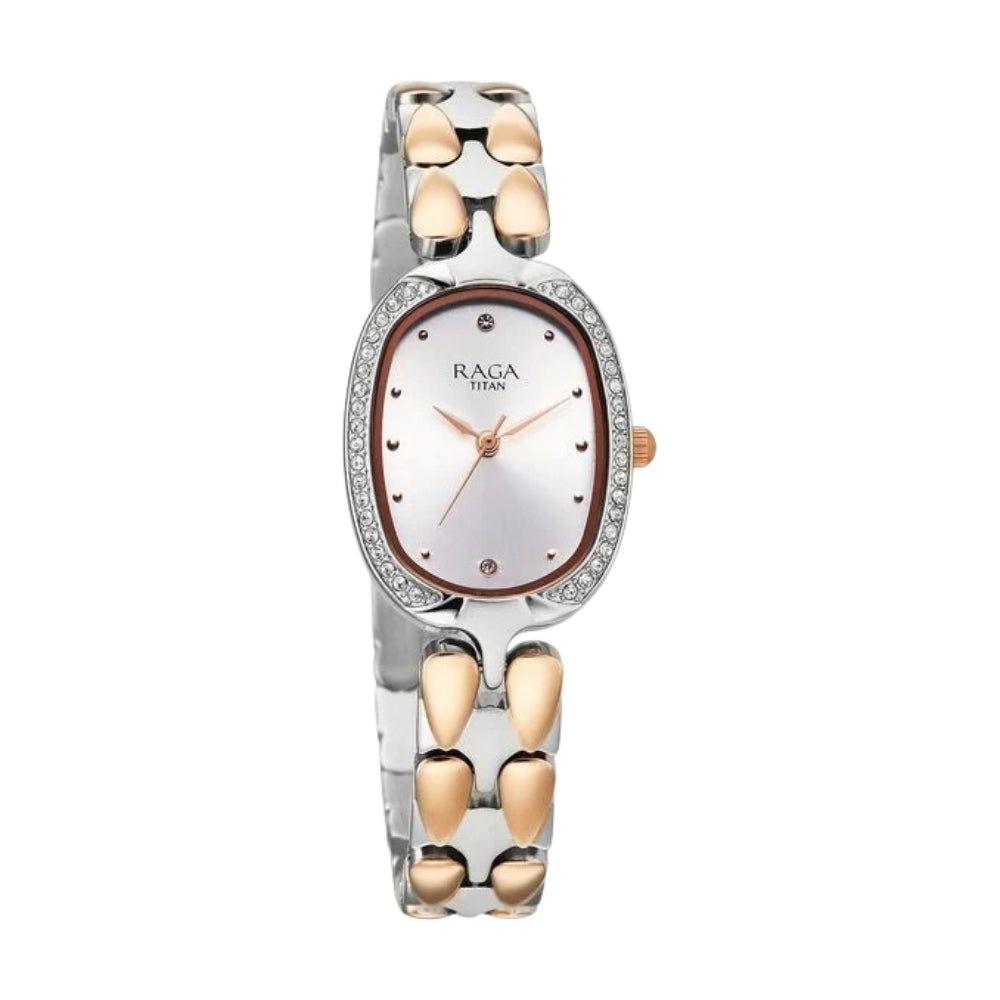 Titan Raga Showstopper Quartz Analog Silver Dial Two Toned Metal Strap Watch For Women 95347KM01