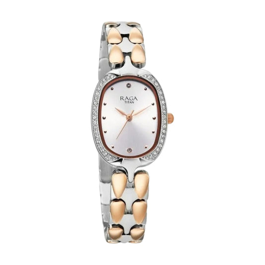 Titan Raga Showstopper Quartz Analog Silver Dial Two Toned Metal Strap Watch For Women 95347KM01