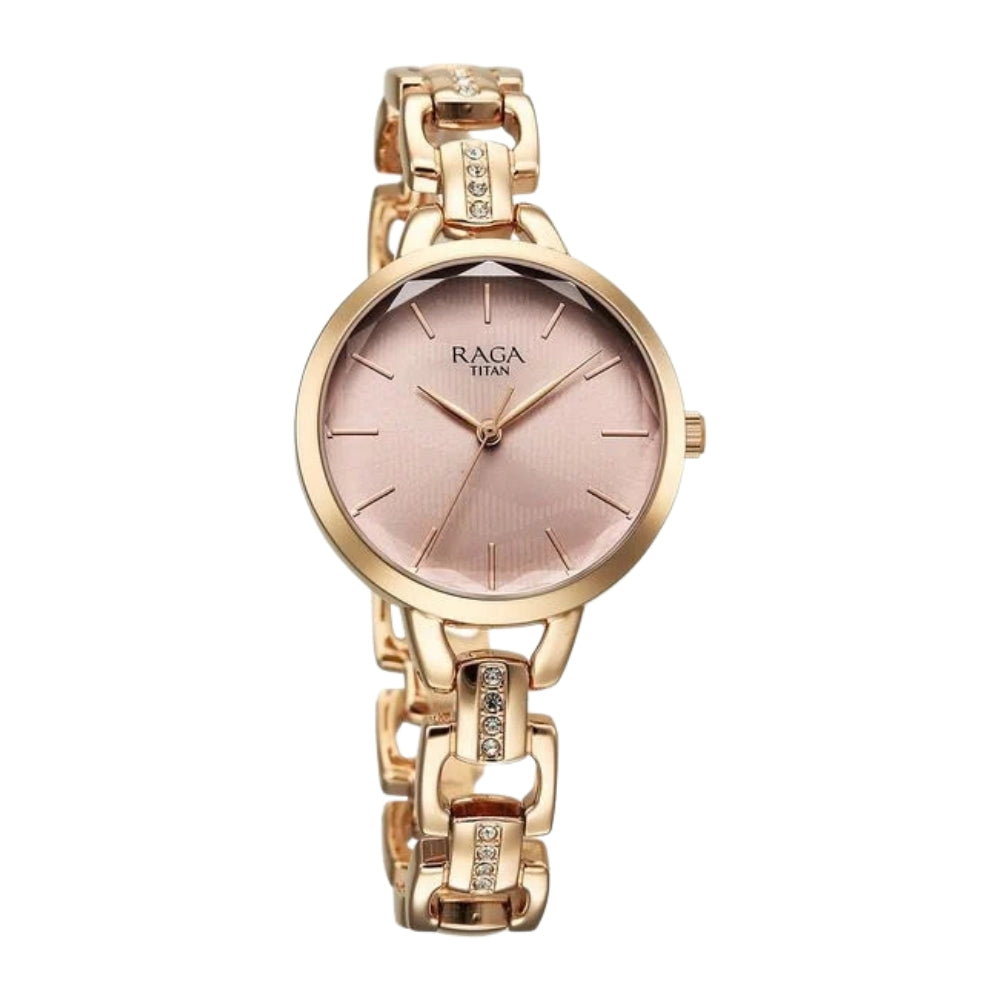 Titan Raga Showstopper Quartz Analog Rose Gold Dial Metal Strap Watch For Women 95352WM01