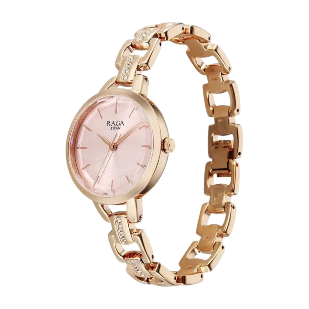 Titan Raga Showstopper Quartz Analog Rose Gold Dial Metal Strap Watch For Women 95352WM01