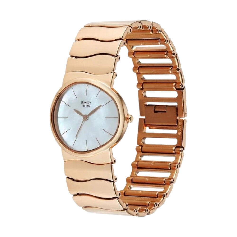 Titan Raga Sierra Quartz Analog White Dial Rose Gold Metal Strap Watch For Women 95389WM01