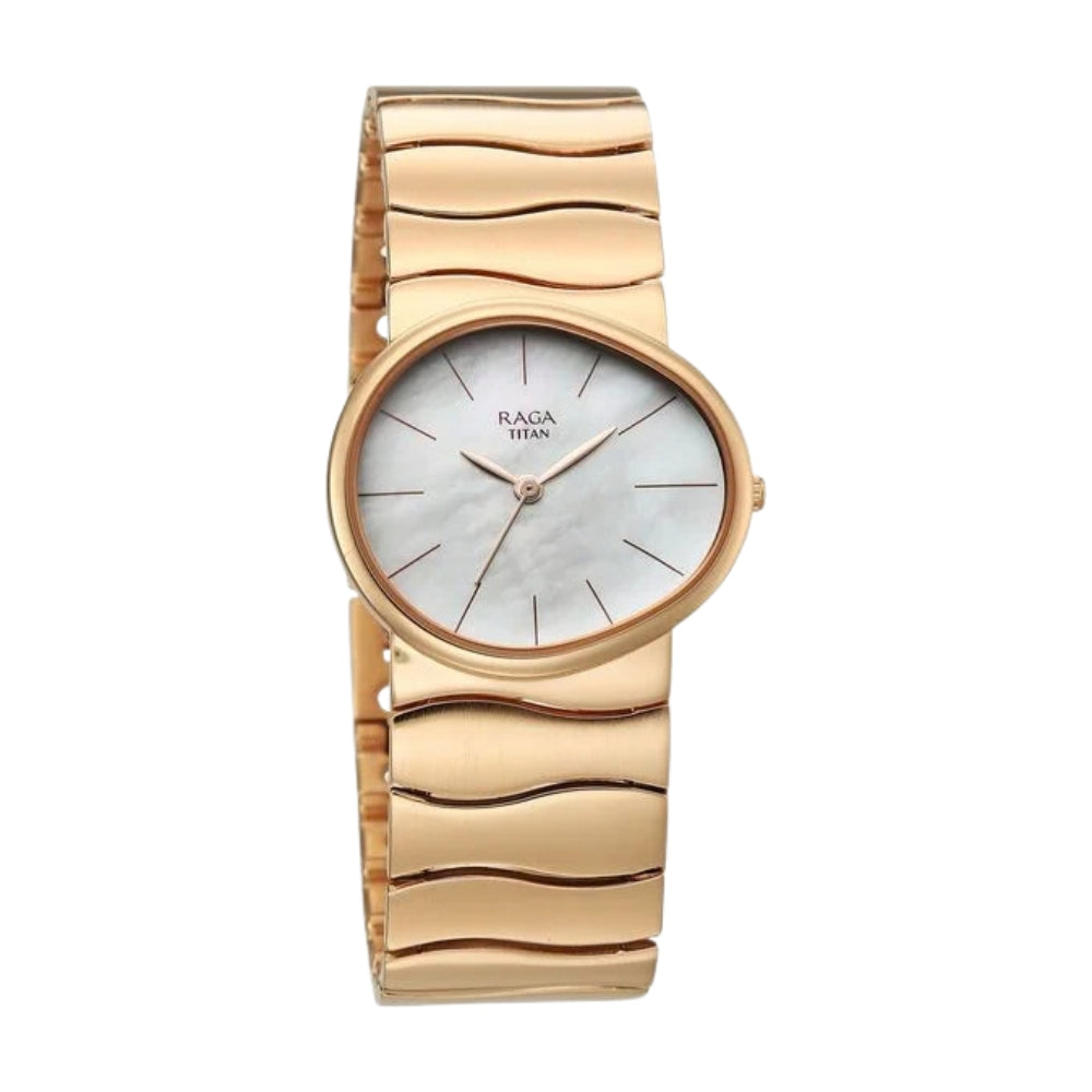 Titan Raga Sierra Quartz Analog White Dial Rose Gold Metal Strap Watch For Women 95389WM01